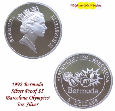 1992 Bermuda Silver Proof $5 Coin - 5oz - Click Image to Close